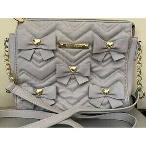 Betsy Johnson Quilted Chevron Shoulder Bag With Bow & Heart Accents Light Gray